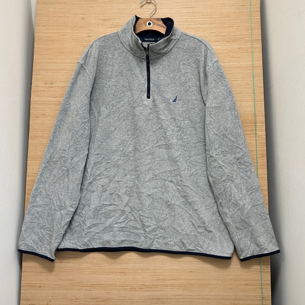 Nautica Mens XL Gray Quarter Zip Fleece Pullover Mock Neck Embroidered Logo